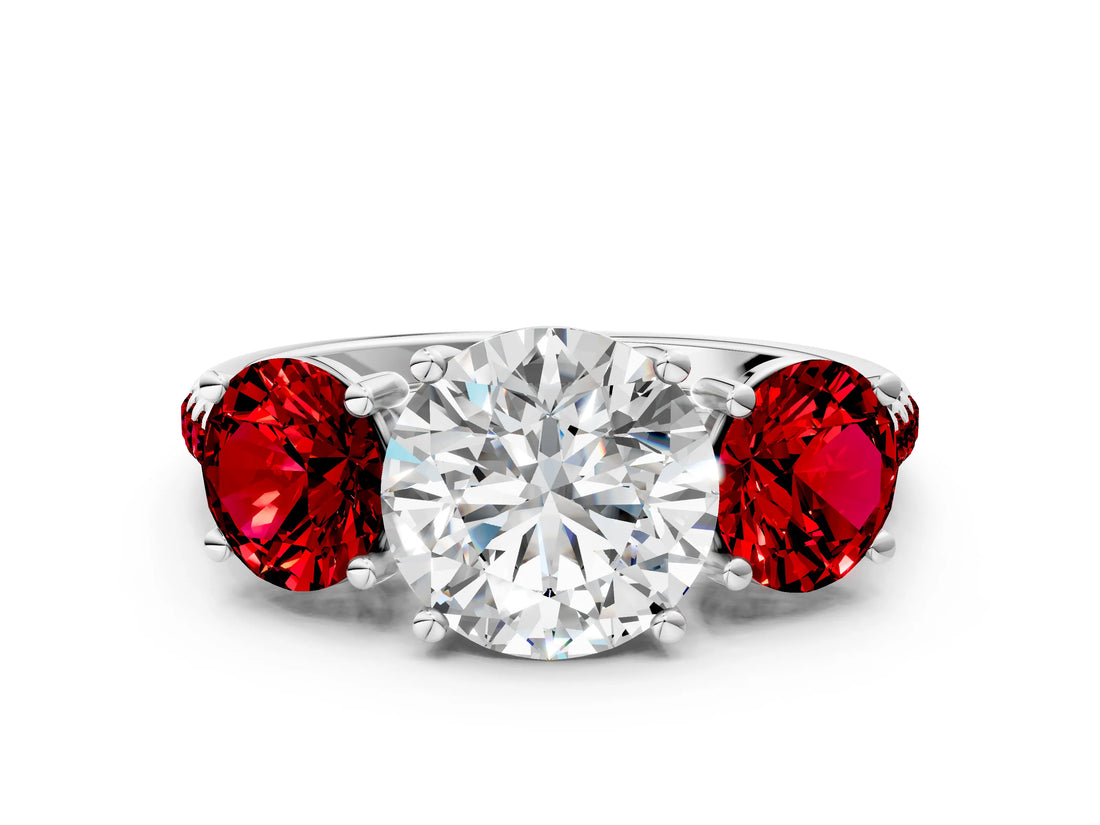 White gold Three-Stone Round Cut Diamond Ring with Round with Ruby side stone Pavé Band and Prong Setting_12