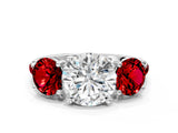 White gold Three-Stone Round Cut Diamond Ring with Round with Ruby side stone Pavé Band and Prong Setting