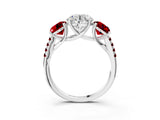 White gold Three-Stone Round Cut Diamond Ring with Round with Ruby side stone Pavé Band and Prong Setting_3