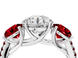 White gold Three-Stone Round Cut Diamond Ring with Round with Ruby side stone Pavé Band and Prong Setting_4