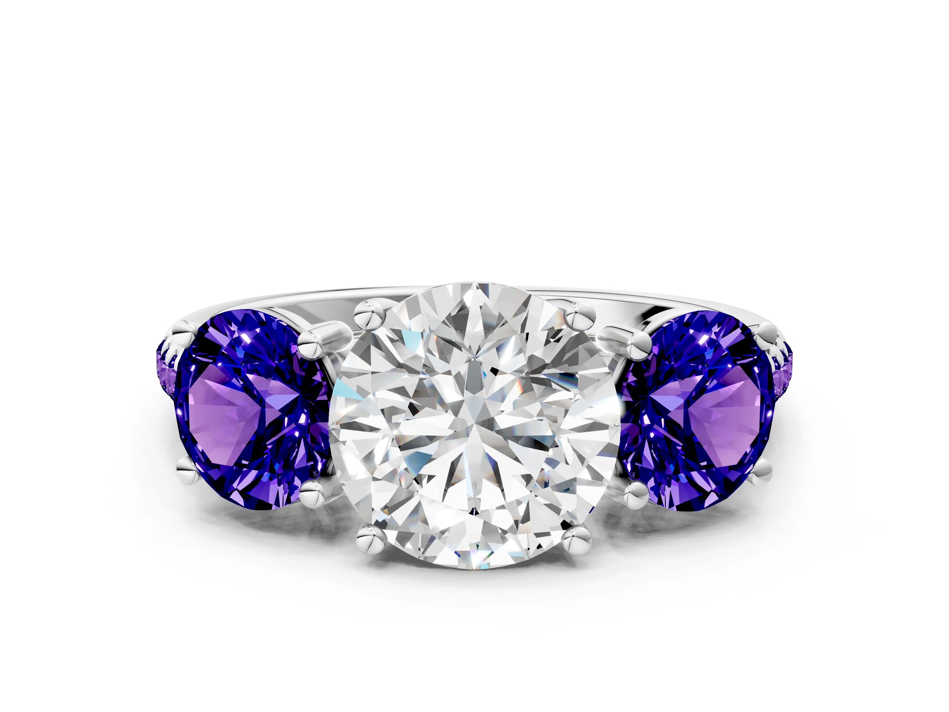 White gold Three-Stone Round Cut Diamond Ring with Round with Tanzanite side stone Pavé Band and Prong Setting