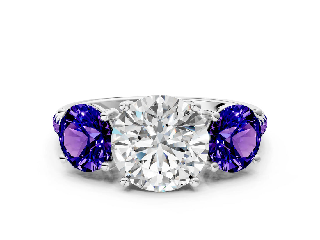 White gold Three-Stone Round Cut Diamond Ring with Round with Tanzanite side stone Pavé Band and Prong Setting