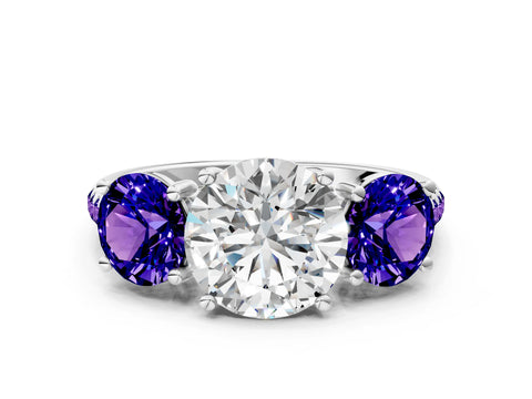 White gold Three-Stone Round Cut Diamond Ring with Round with Tanzanite side stone Pavé Band and Prong Setting