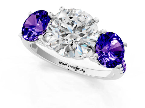 White gold Three-Stone Round Cut Diamond Ring with Round with Tanzanite side stone Pavé Band and Prong Setting_1