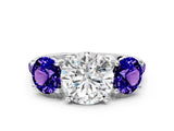 White gold Three-Stone Round Cut Diamond Ring with Round with Tanzanite side stone Pavé Band and Prong Setting