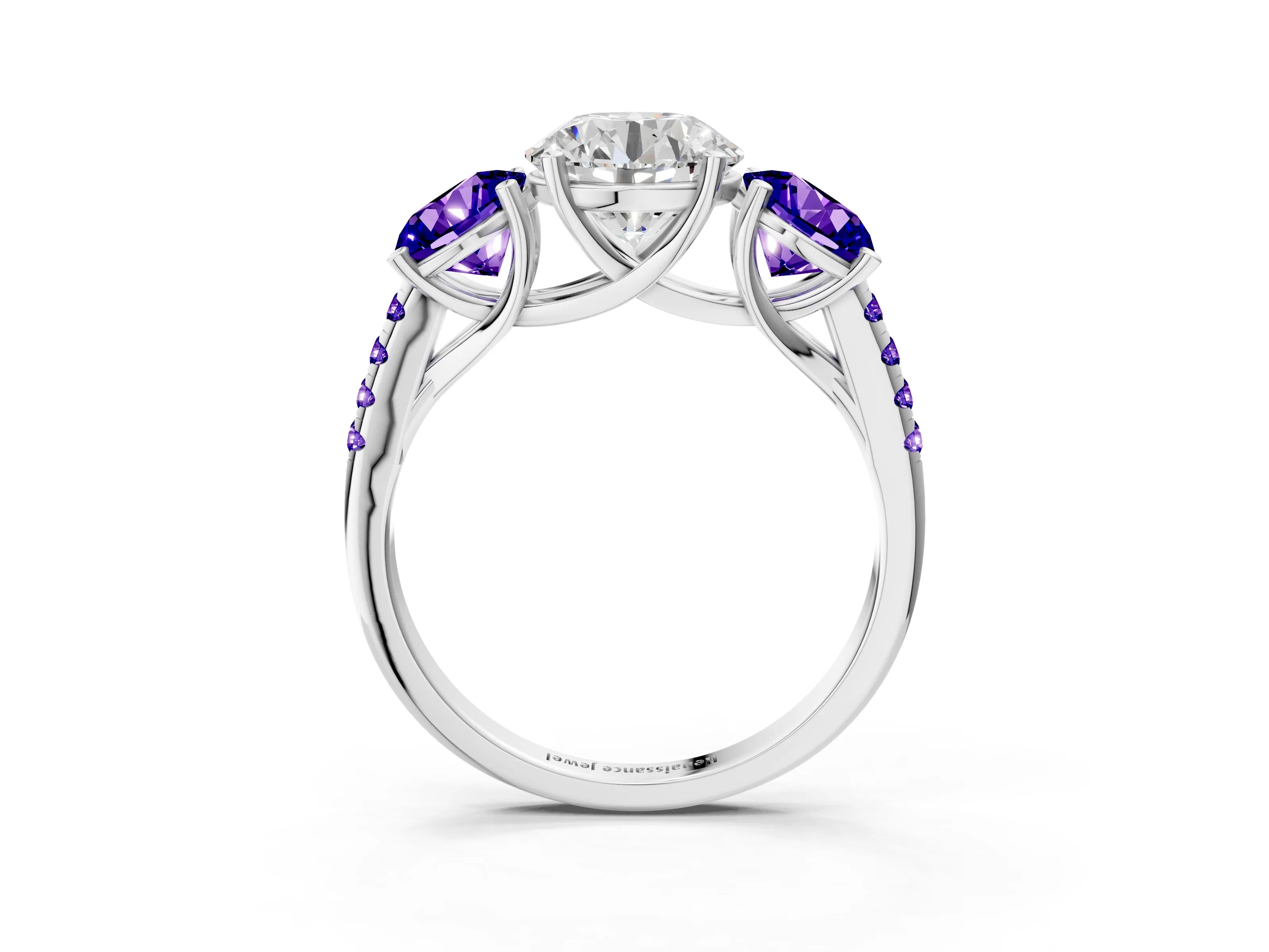 White gold Three-Stone Round Cut Diamond Ring with Round with Tanzanite side stone Pavé Band and Prong Setting_3