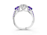 White gold Three-Stone Round Cut Diamond Ring with Round with Tanzanite side stone Pavé Band and Prong Setting_3