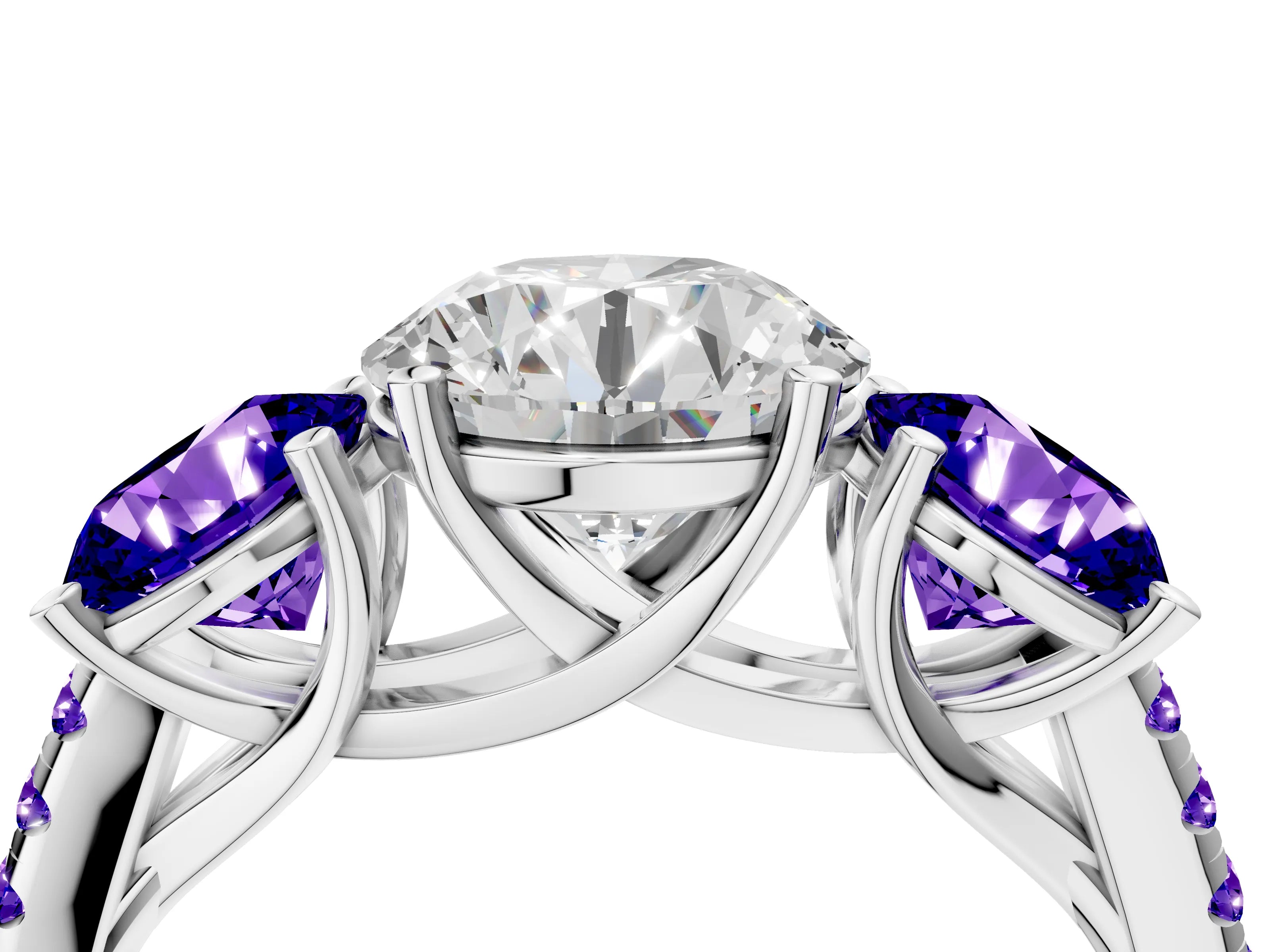 White gold Three-Stone Round Cut Diamond Ring with Round with Tanzanite side stone Pavé Band and Prong Setting_4