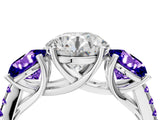 White gold Three-Stone Round Cut Diamond Ring with Round with Tanzanite side stone Pavé Band and Prong Setting_4