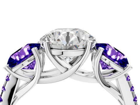 White gold Three-Stone Round Cut Diamond Ring with Round with Tanzanite side stone Pavé Band and Prong Setting_4