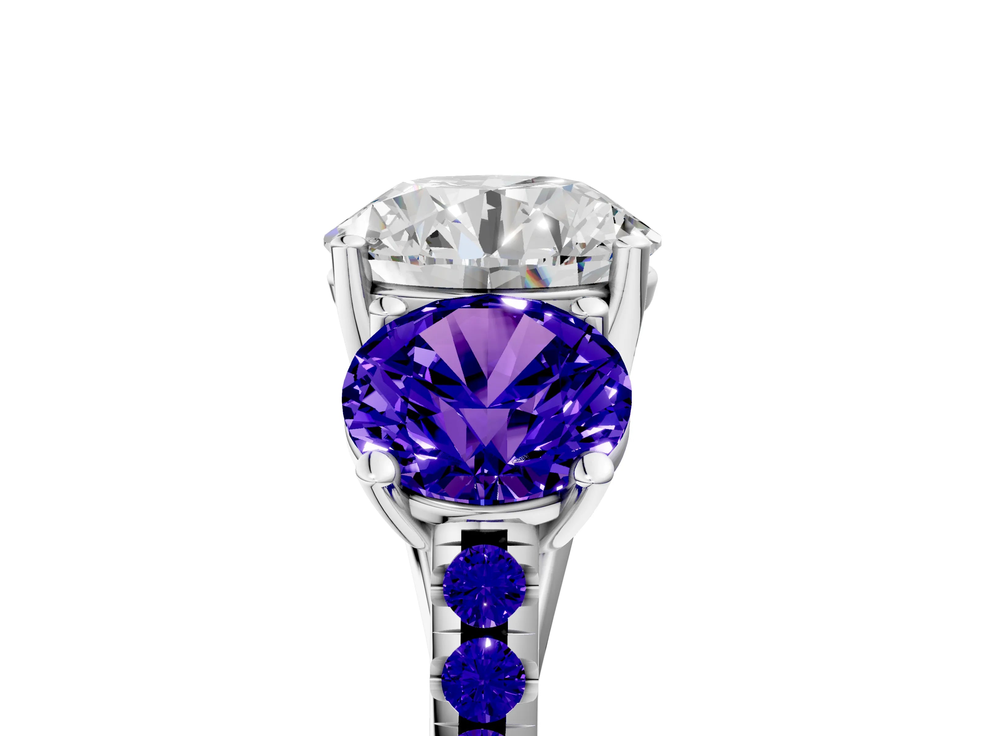 White gold Three-Stone Round Cut Diamond Ring with Round with Tanzanite side stone Pavé Band and Prong Setting_5