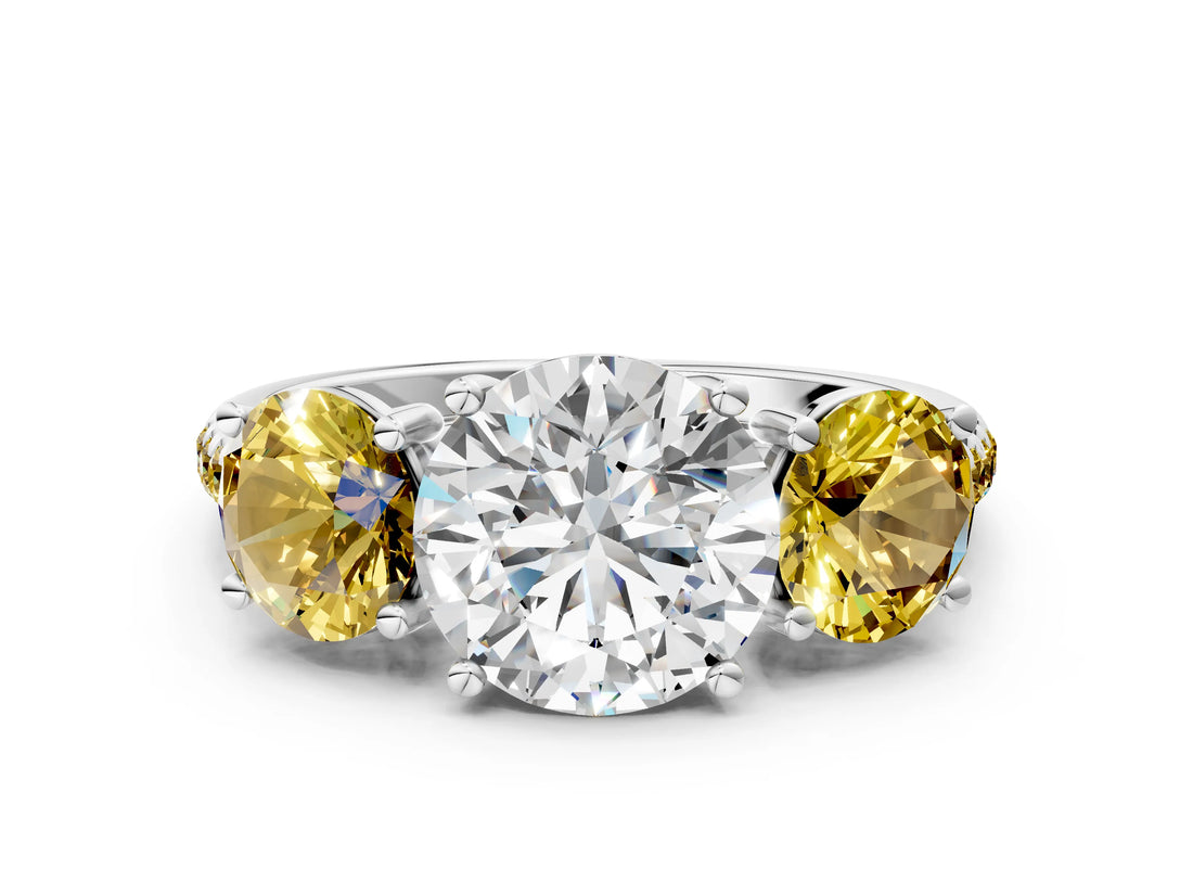 White gold Three-Stone Round Cut Diamond Ring with Round with Yellow Sapphire side stone Pavé Band and Prong Setting_12