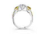 White gold Three-Stone Round Cut Diamond Ring with Round with Yellow Sapphire side stone Pavé Band and Prong Setting_15