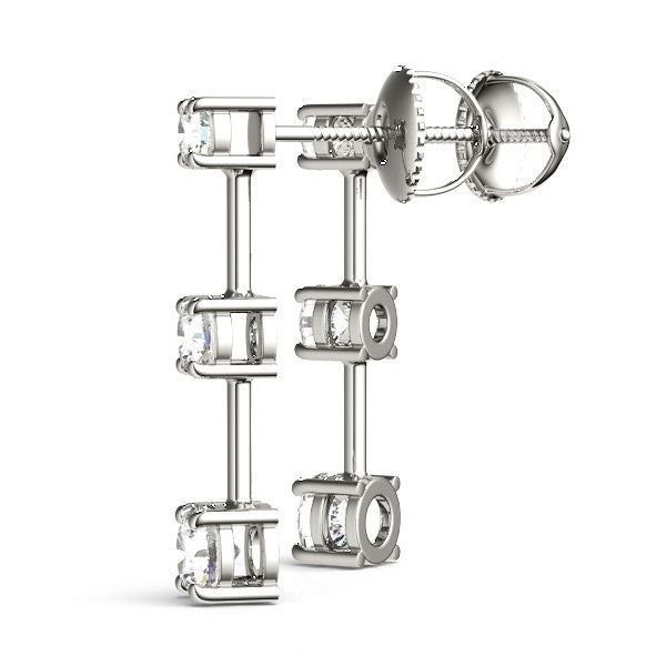 White gold Three-Stone Round Cut Drop Earrings with Prong Setting 1