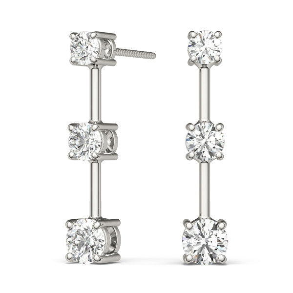 White gold Three-Stone Round Cut Drop Earrings with Prong Setting