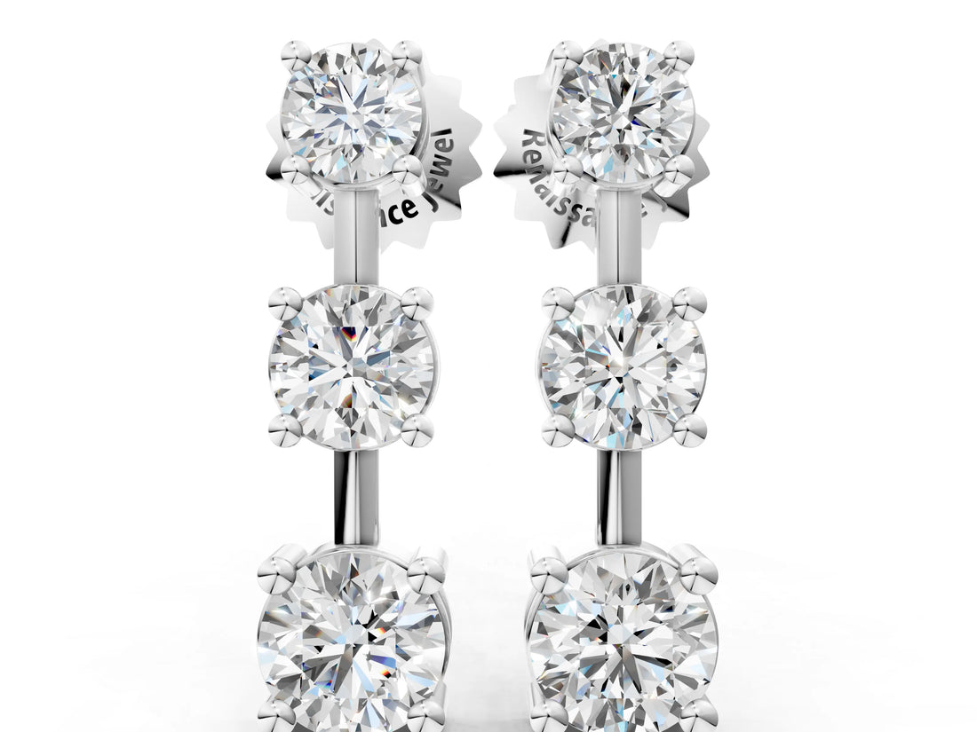 White gold Three-Stone Round Cut Drop Earrings with Prong Setting_15