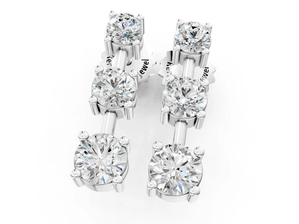 White gold Three-Stone Round Cut Drop Earrings with Prong Setting