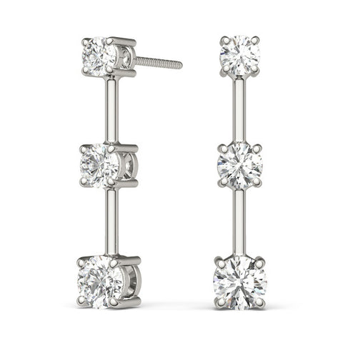 White gold Three-Stone Round Cut Drop Earrings with Prong Setting