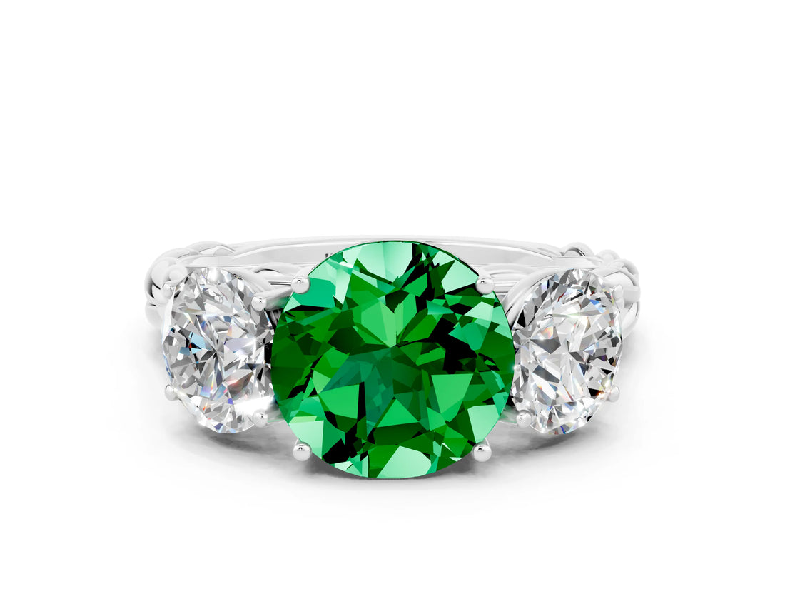 White gold Three-Stone Round Cut Emerald Braided Band Ring with Four-Prong Setting_12