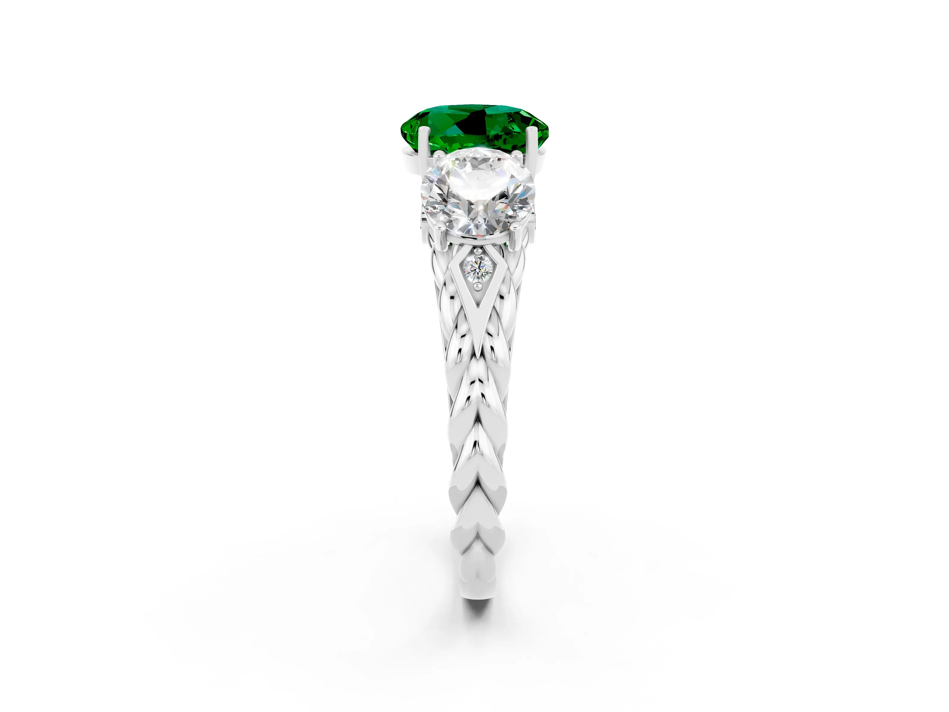 White gold Three-Stone Round Cut Emerald Braided Band Ring with Four-Prong Setting_14