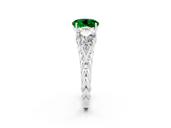 Silver Three-Stone Round Cut Emerald Braided Band Ring with Four-Prong Setting