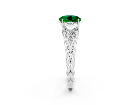 White gold Three-Stone Round Cut Emerald Braided Band Ring with Four-Prong Setting_14