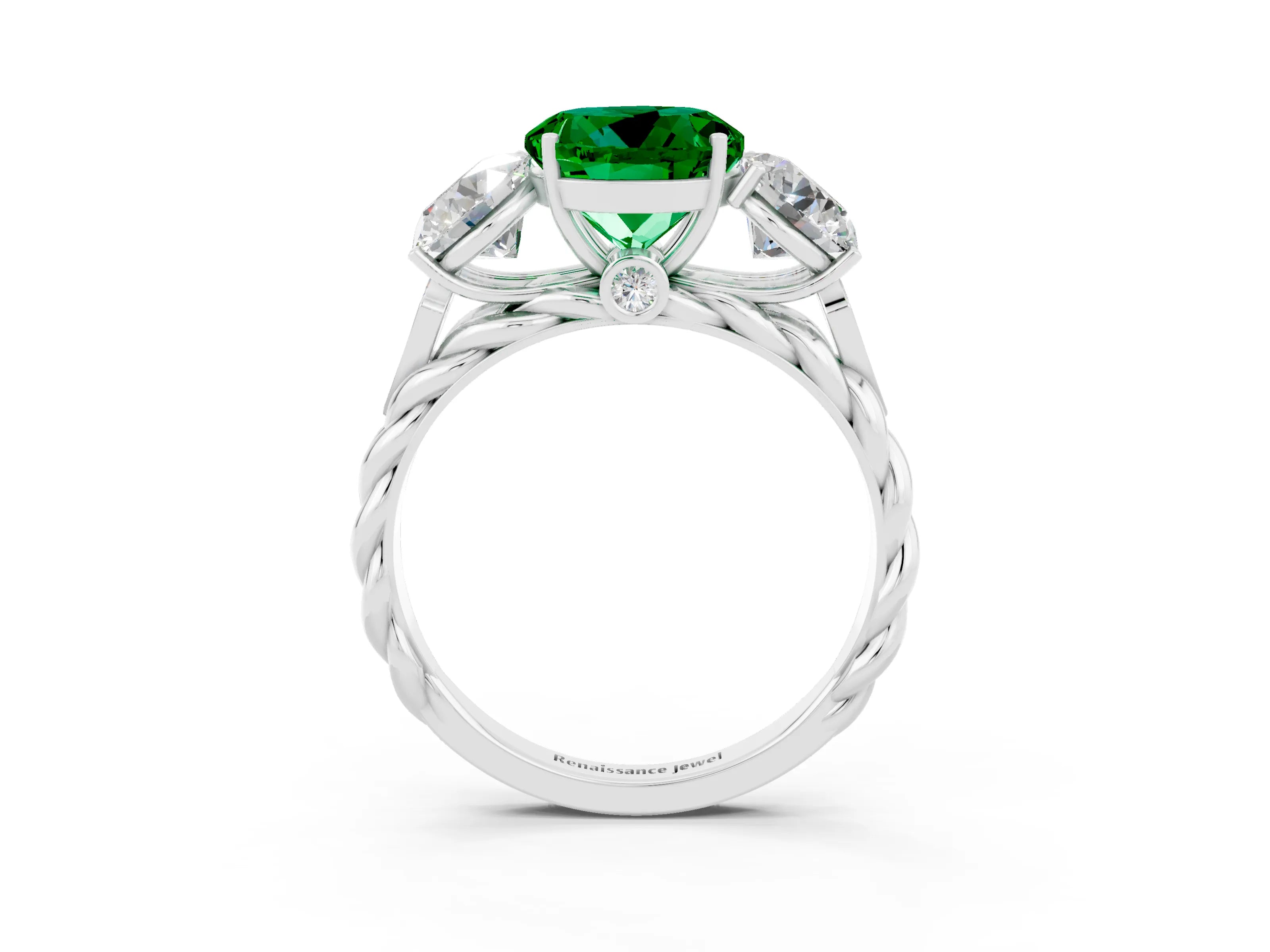 White gold Three-Stone Round Cut Emerald Braided Band Ring with Four-Prong Setting_15