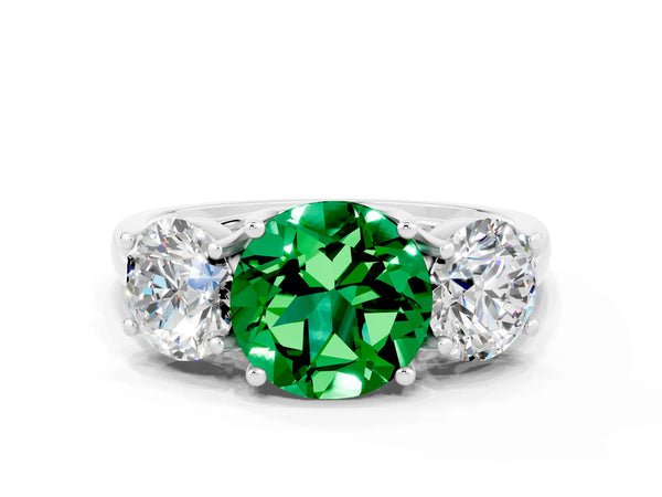 Platinum Three-Stone Round Cut Emerald Engagement Ring with Prong Setting