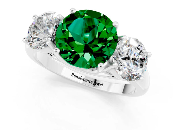 Platinum Three-Stone Round Cut Emerald Engagement Ring with Prong Setting