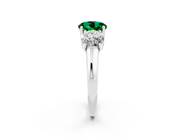 Platinum Three-Stone Round Cut Emerald Engagement Ring with Prong Setting