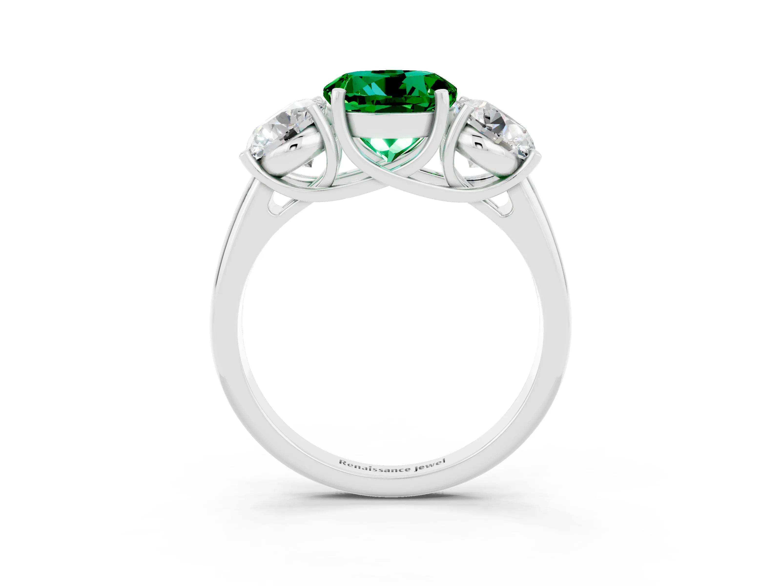 White gold Three-Stone Round Cut Emerald Engagement Ring with Prong Setting_3