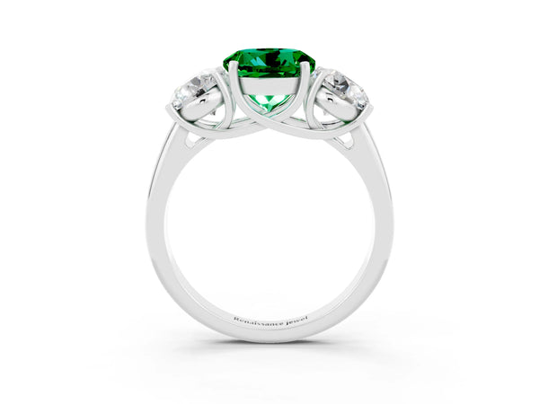 White gold Three-Stone Round Cut Emerald Engagement Ring with Prong Setting
