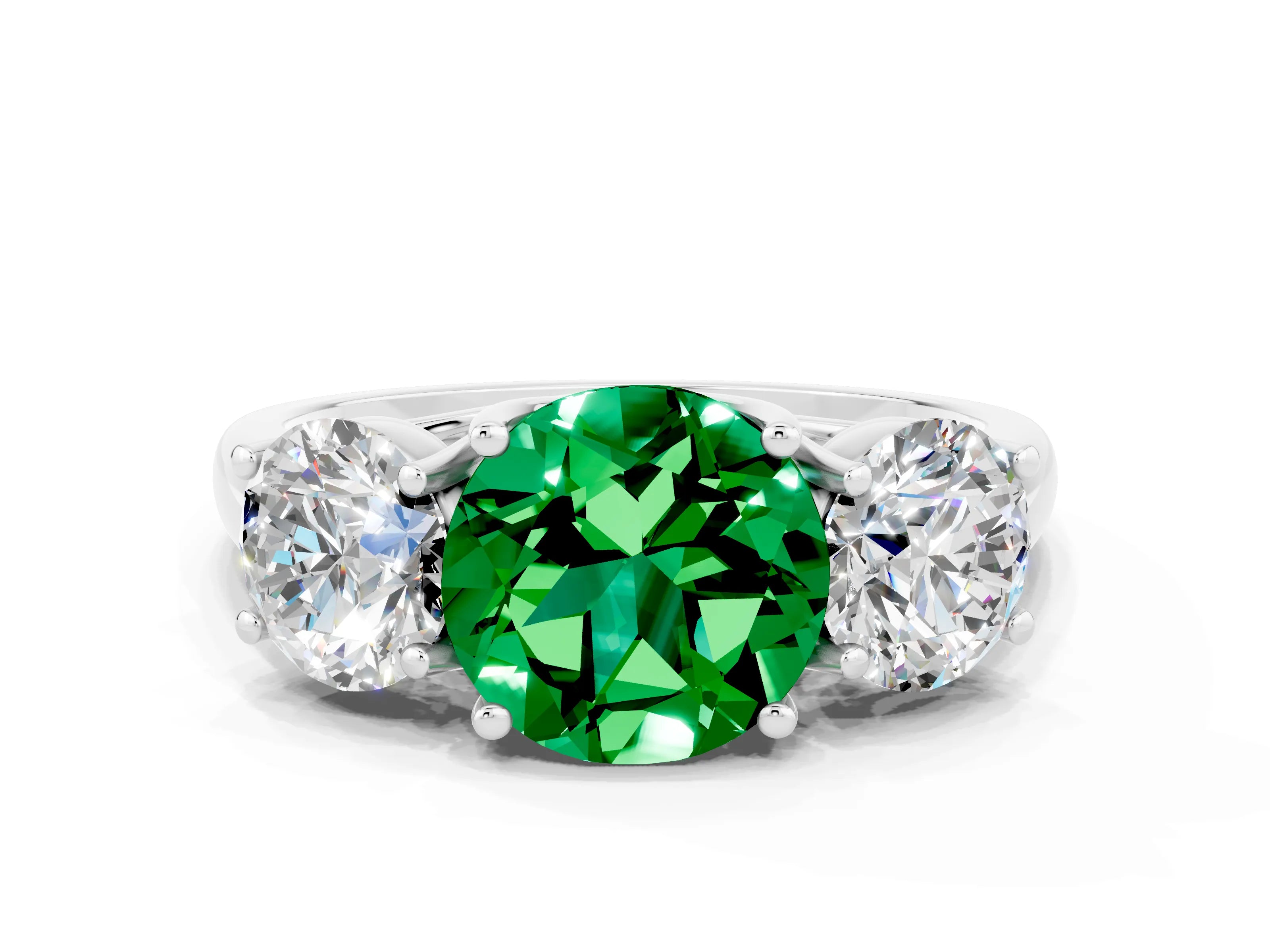 White gold Three-Stone Round Cut Emerald Engagement Ring with Prong Setting
