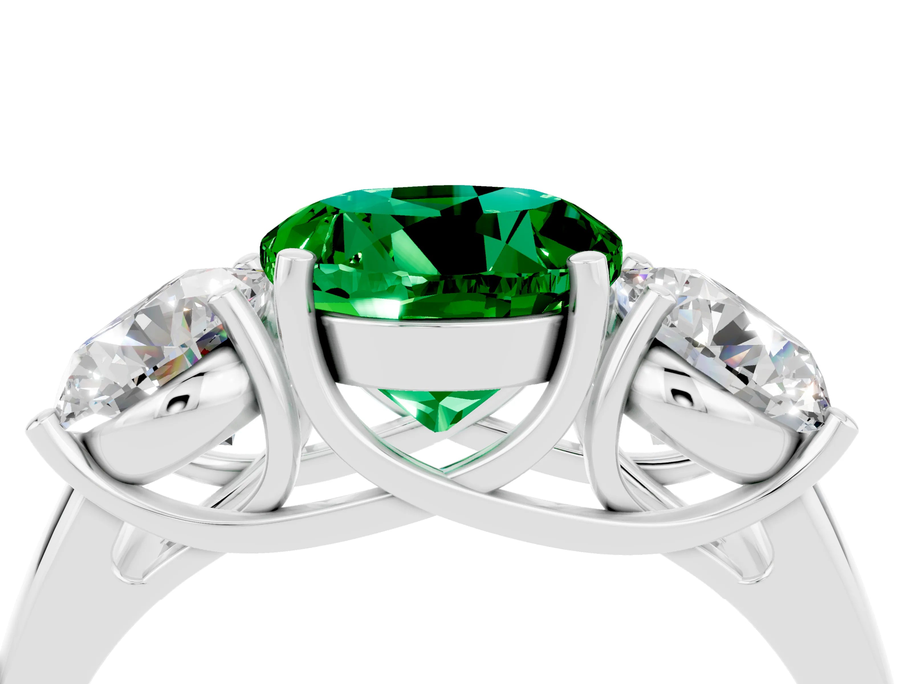 White gold Three-Stone Round Cut Emerald Engagement Ring with Prong Setting_4
