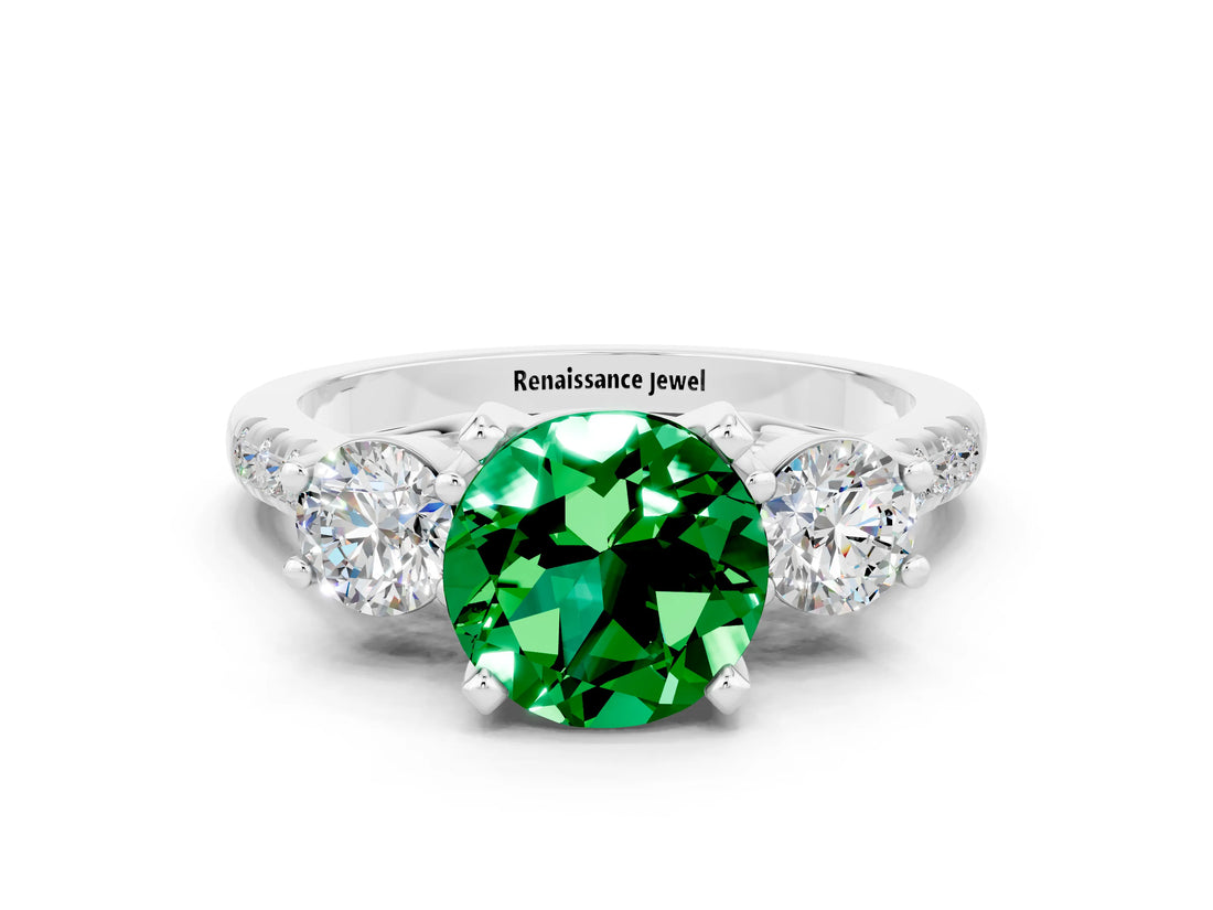 White gold Three-Stone Round Cut Emerald Pavé Band with Four-Prong Setting