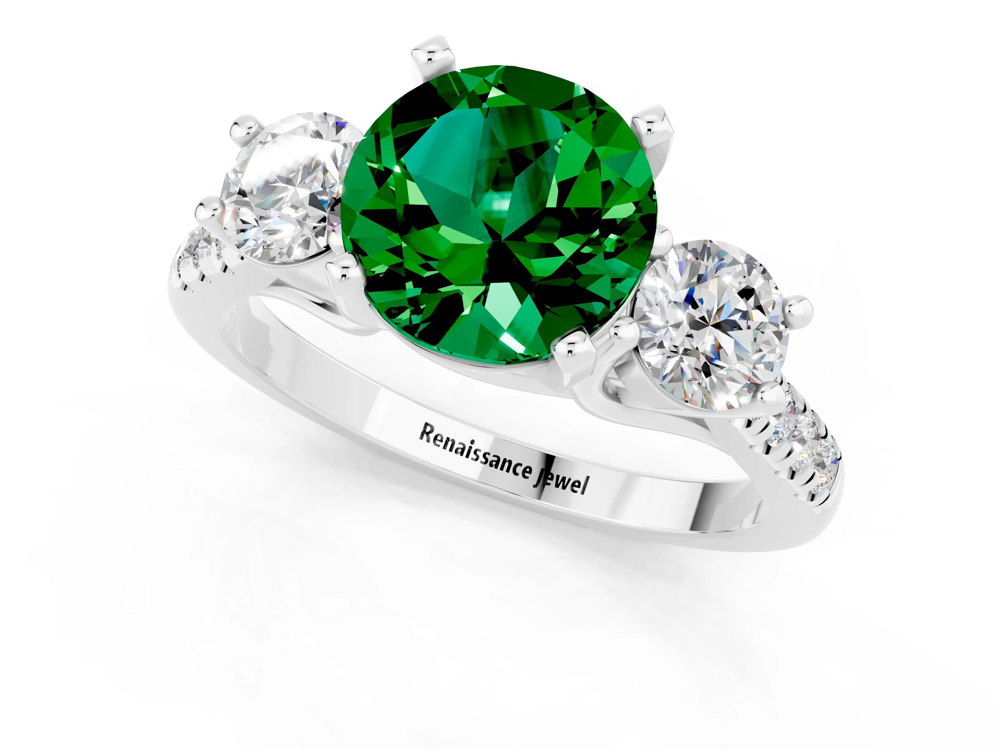 White gold Three-Stone Round Cut Emerald Pavé Band with Four-Prong Setting_1