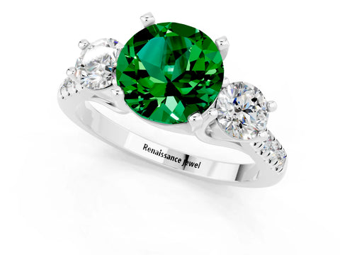 White gold Three-Stone Round Cut Emerald Pavé Band with Four-Prong Setting_1