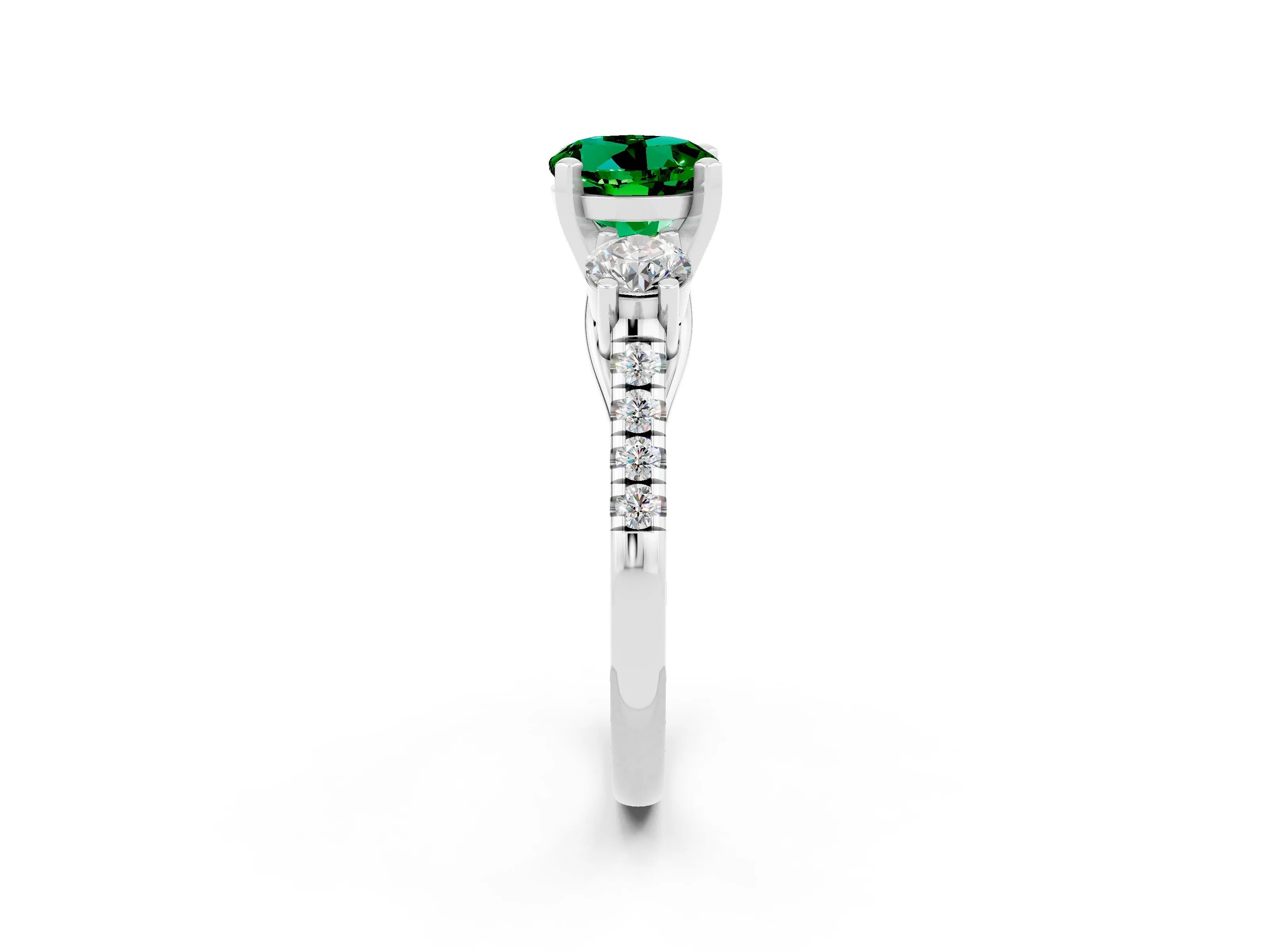 White gold Three-Stone Round Cut Emerald Pavé Band with Four-Prong Setting_2