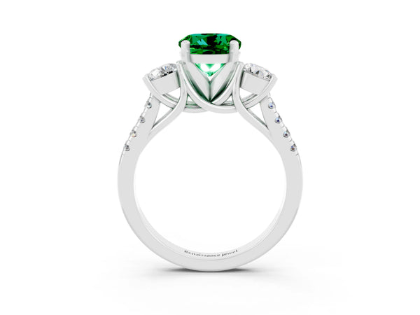 Platinum Three-Stone Round Cut Emerald Pavé Band with Four-Prong Setting
