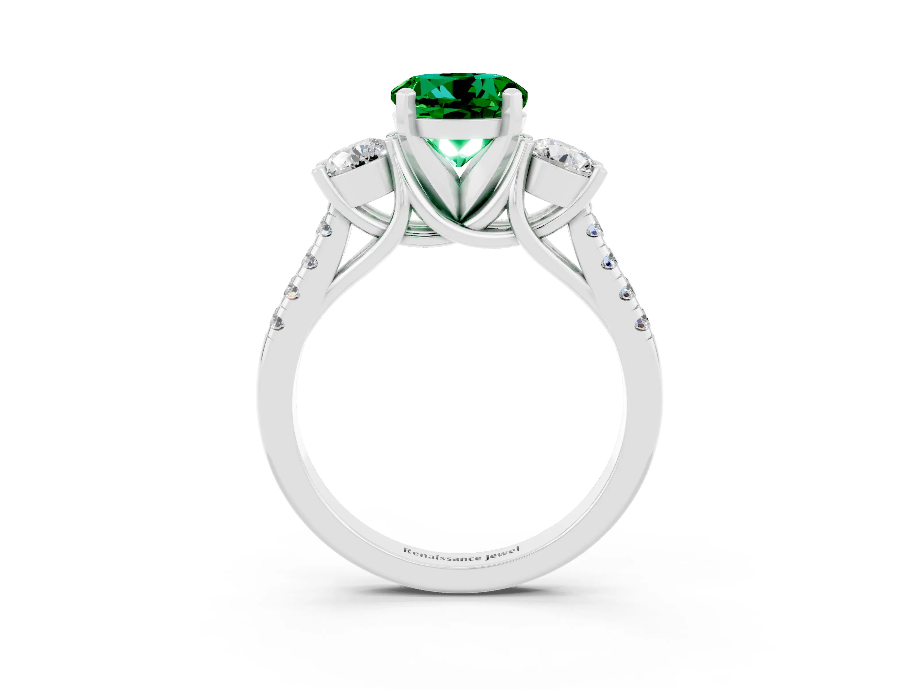 White gold Three-Stone Round Cut Emerald Pavé Band with Four-Prong Setting_3