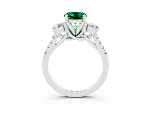 White gold Three-Stone Round Cut Emerald Pavé Band with Four-Prong Setting_3