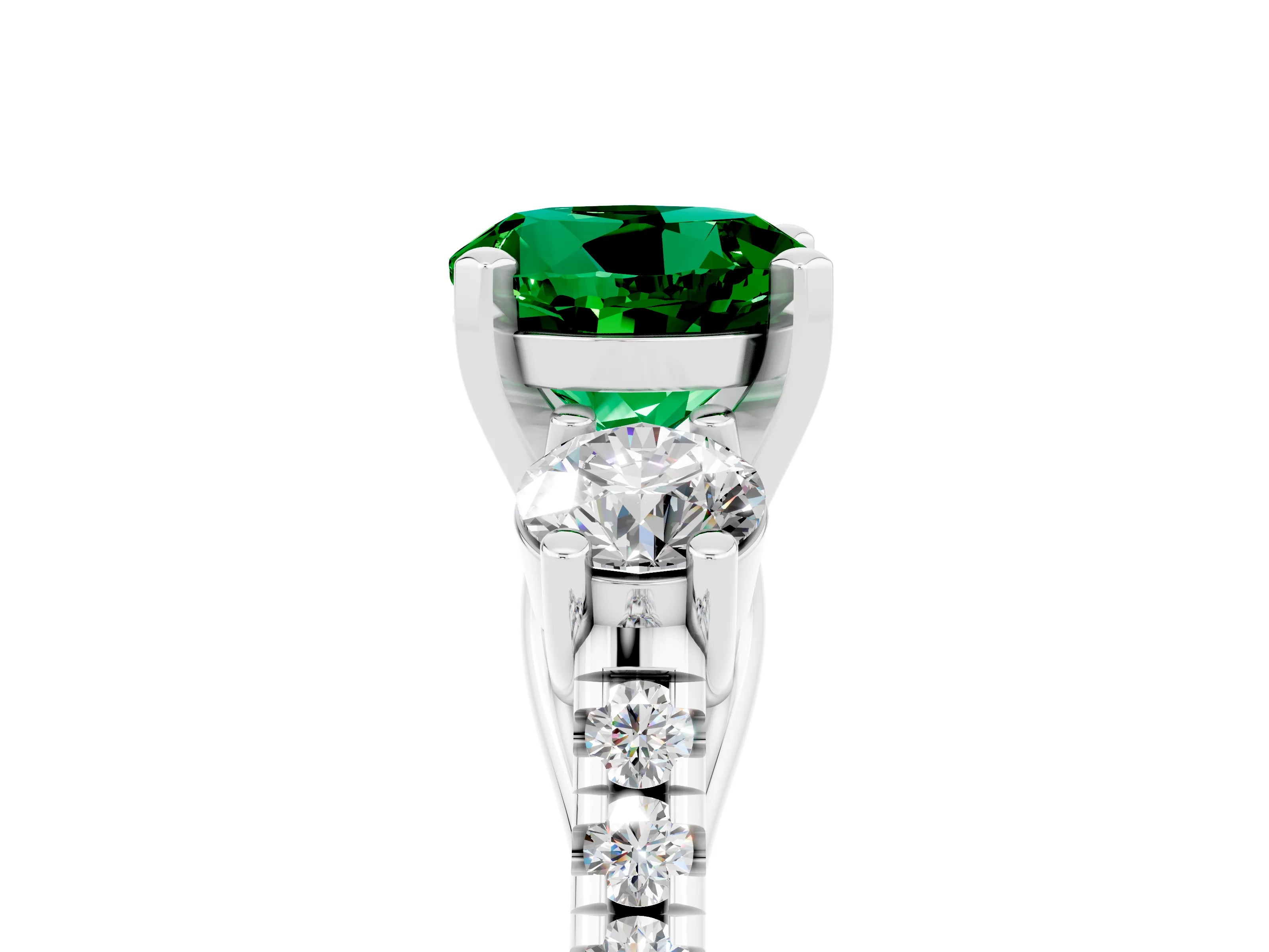 White gold Three-Stone Round Cut Emerald Pavé Band with Four-Prong Setting_5