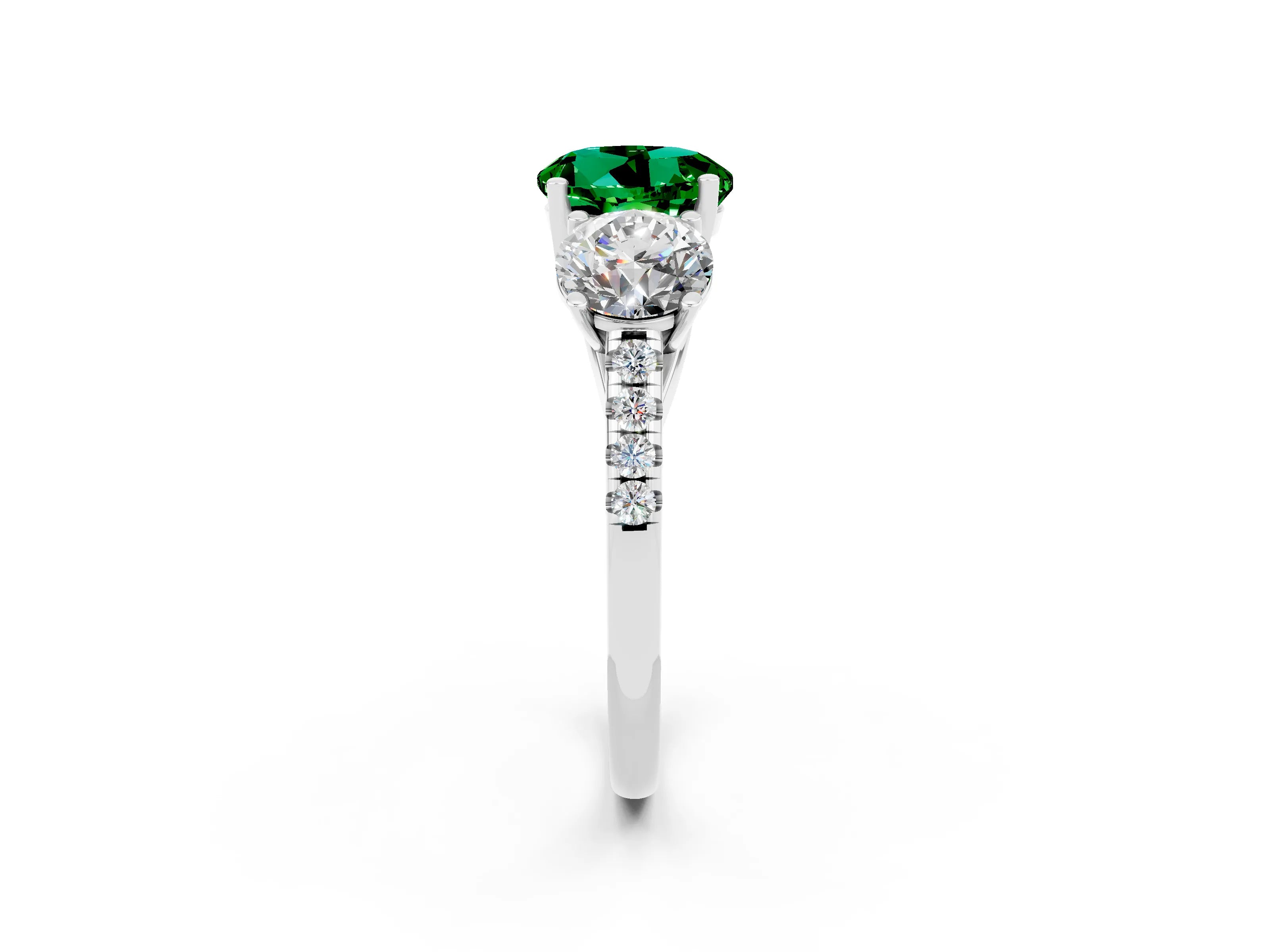 White gold Three-Stone Round Cut Emerald Ring with Pavé Band and Prong Setting_14