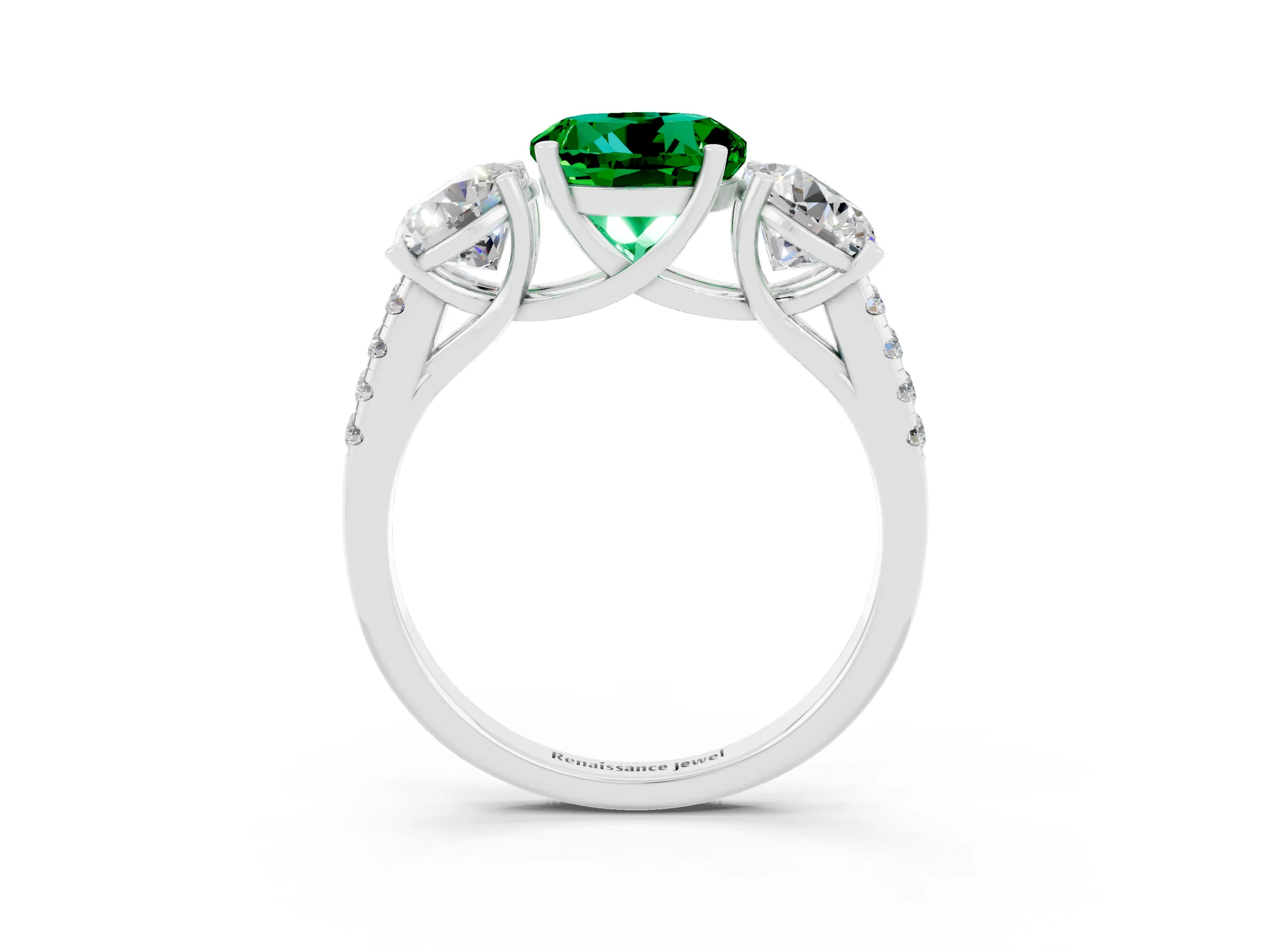 White gold Three-Stone Round Cut Emerald Ring with Pavé Band and Prong Setting_15