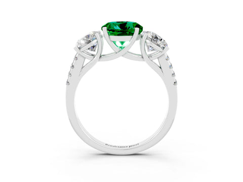 White gold Three-Stone Round Cut Emerald Ring with Pavé Band and Prong Setting_15