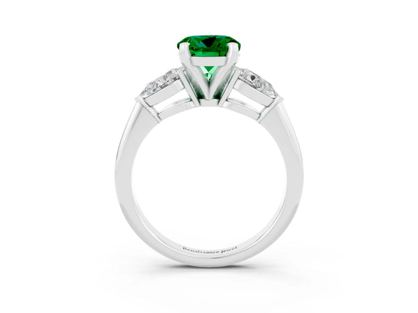 White gold Three-Stone Round Cut Emerald Ring with Pear Side Stones and Four-Prong Setting