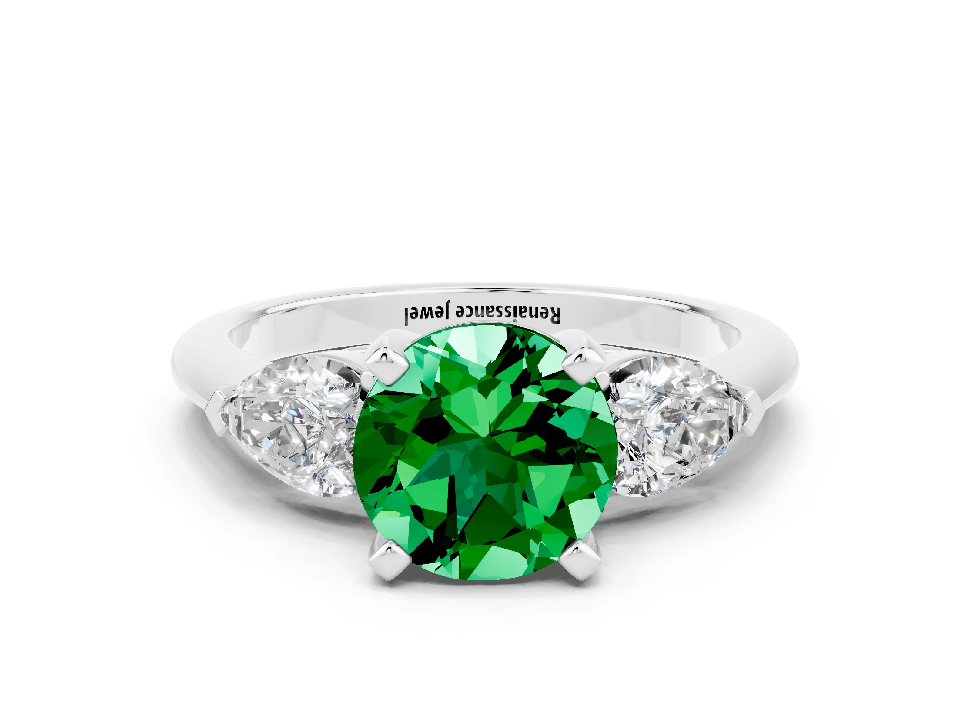 White gold Three-Stone Round Cut Emerald Ring with Pear Side Stones and Four-Prong Setting