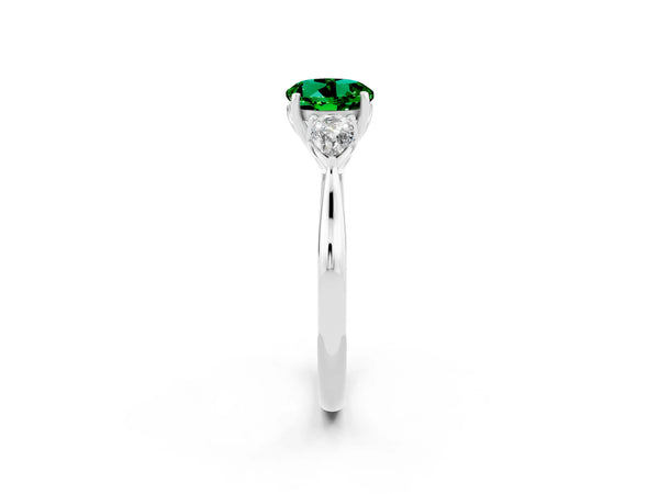 Silver Three-Stone Round Cut Emerald Ring with Pear  Side Stones in Four-Prong Setting