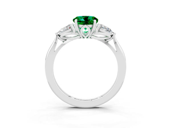 Platinum Three-Stone Round Cut Emerald Ring with Pear  Side Stones in Four-Prong Setting