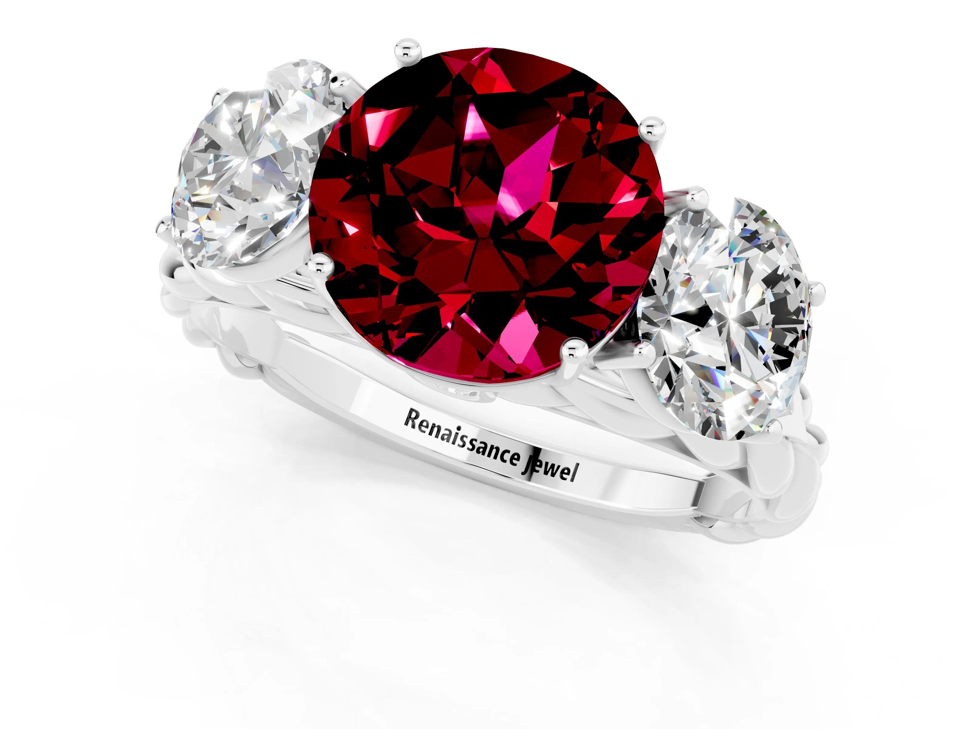 White gold Three-Stone Round Cut Garnet Braided Band Ring with Four-Prong Setting_13